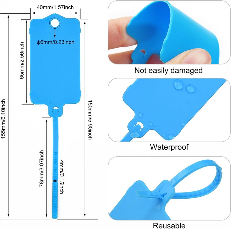 LeadSeals 100pcs Blank Plastic Tags for Labeling Reusable Hanging Tags Ties Key Tag Storage Labels Waterproof Plastic Mark Label Writable Hang Sign with One Marker Pen (Blue) - Image 3